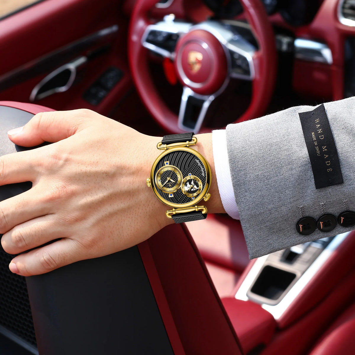 Poedagar 848 Mens Two-Tone Watch Dual Time Zone Retro Dial Mesh Stainless Steel Luminous Waterproof Formal Business Montre Homme
