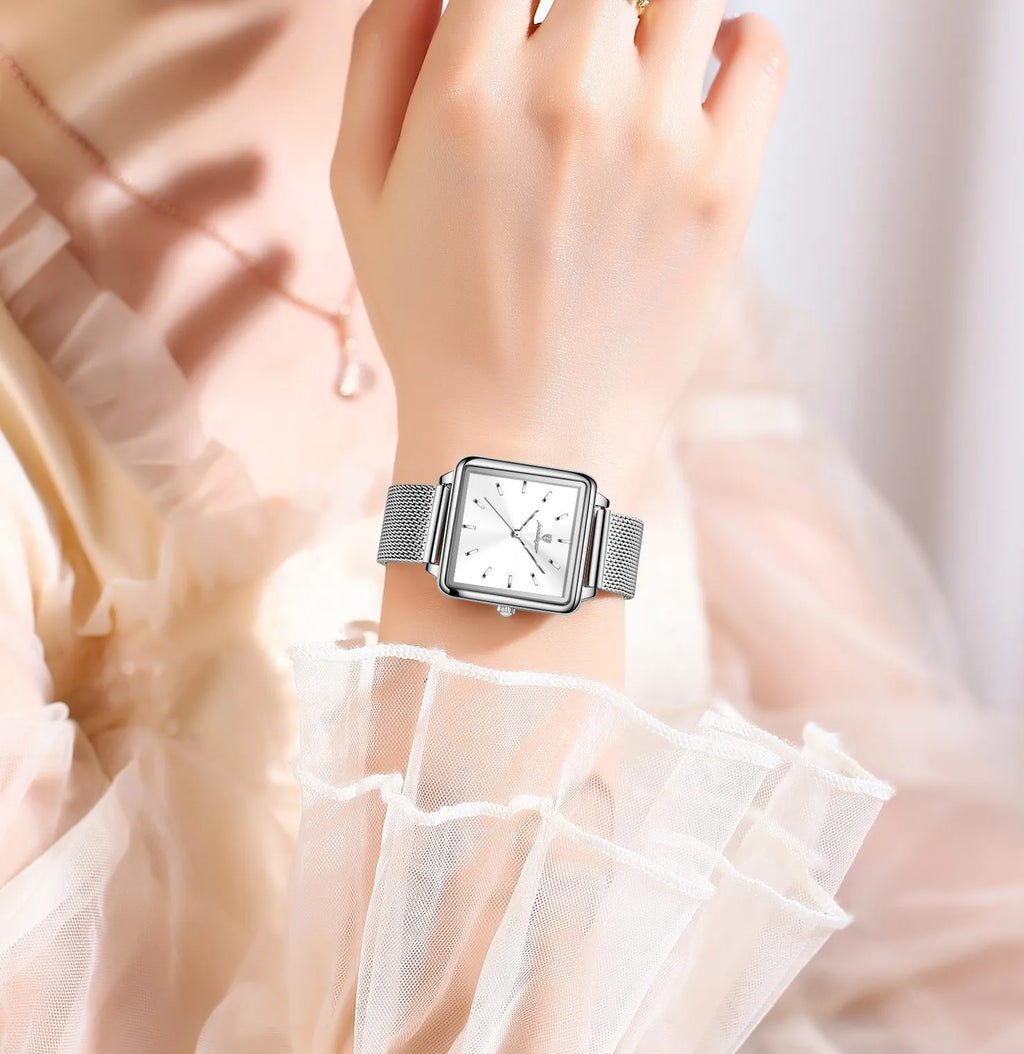 Poedagar Ladies Nordic Elegant Minimalist Square Quartz Watch Mesh Band 3ATM Waterproof Gift for Women Daily Factory Wholesale