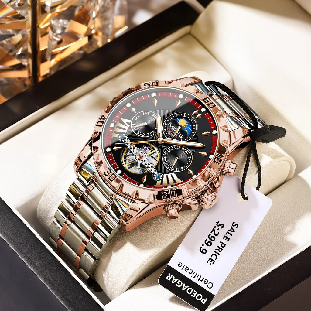 Poedagar 1410 Men's Luxury Hollow Tourbillon Automatic Men Watch Waterproof Luminous Stainless Steel Mechanical Watch