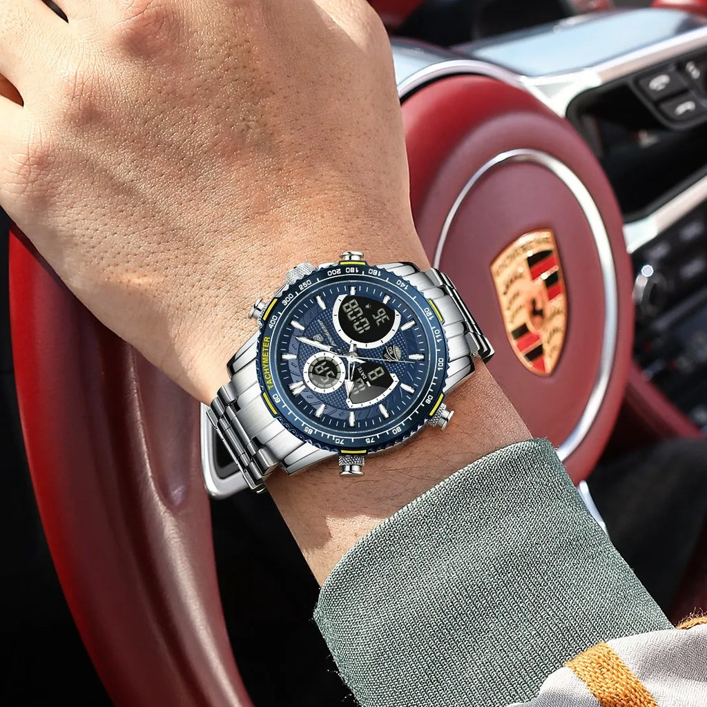 Poedagar E127 Mens Watch Dual Display Analog-Digital Watches Herrenuhr Luminous Waterproof Sport Stainless Steel Watch for Men