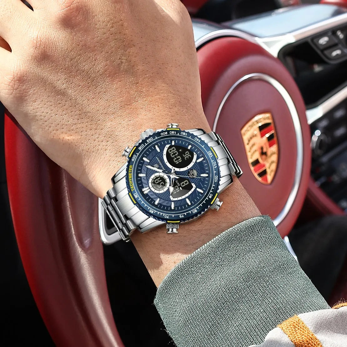Poedagar E127 Mens Watch Dual Display Analog-Digital Watches Herrenuhr Luminous Waterproof Sport Stainless Steel Watch for Men