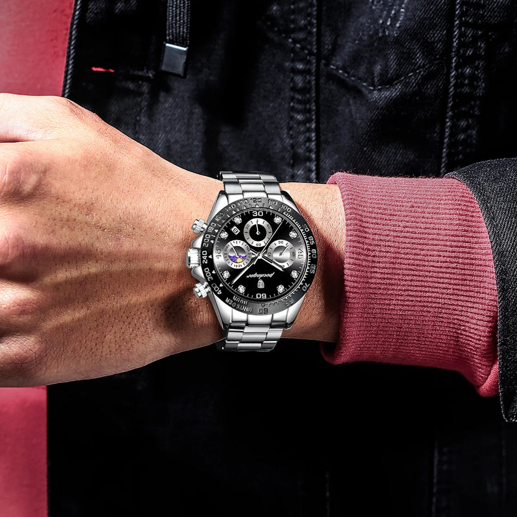 Poedagar New Men Fashion Business Ultra-thin Chronograph Watches Waterproof Calendar Clock Male Stainless Steel Strap Quartz Wat