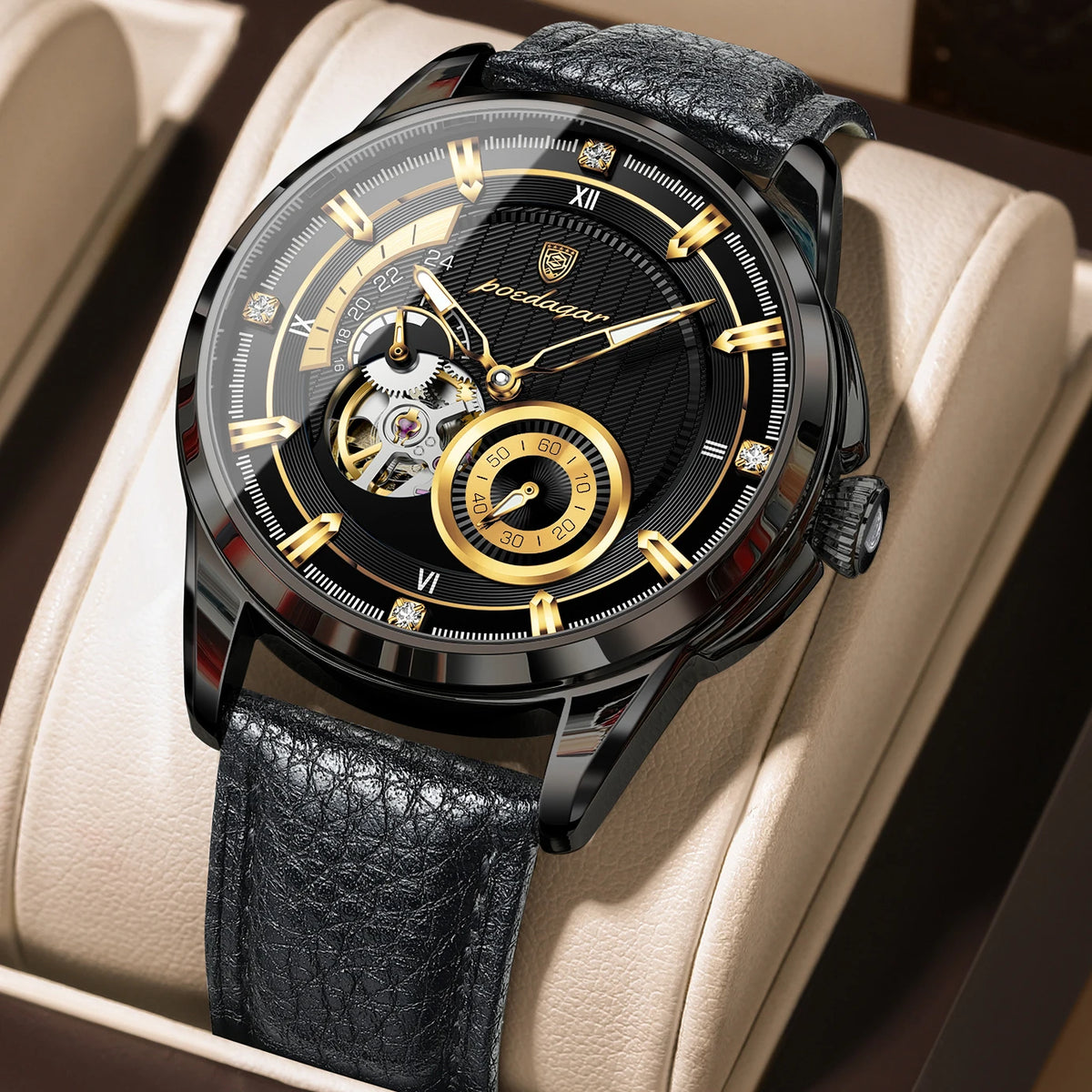 Poedagar 1427 Men Automatic Mechanical Watch Leather Band Luminous 3ATM Daily Waterproof Wristwatch