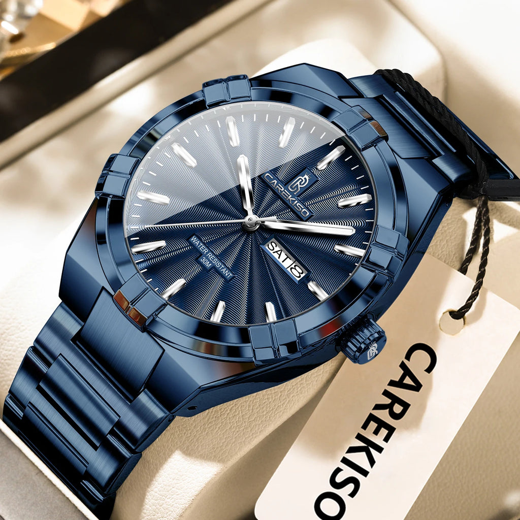 CAREKISO Business Men Date Week Waterproof Luminous Quartz Men Wristwatch Stainless Steel Men's Watches