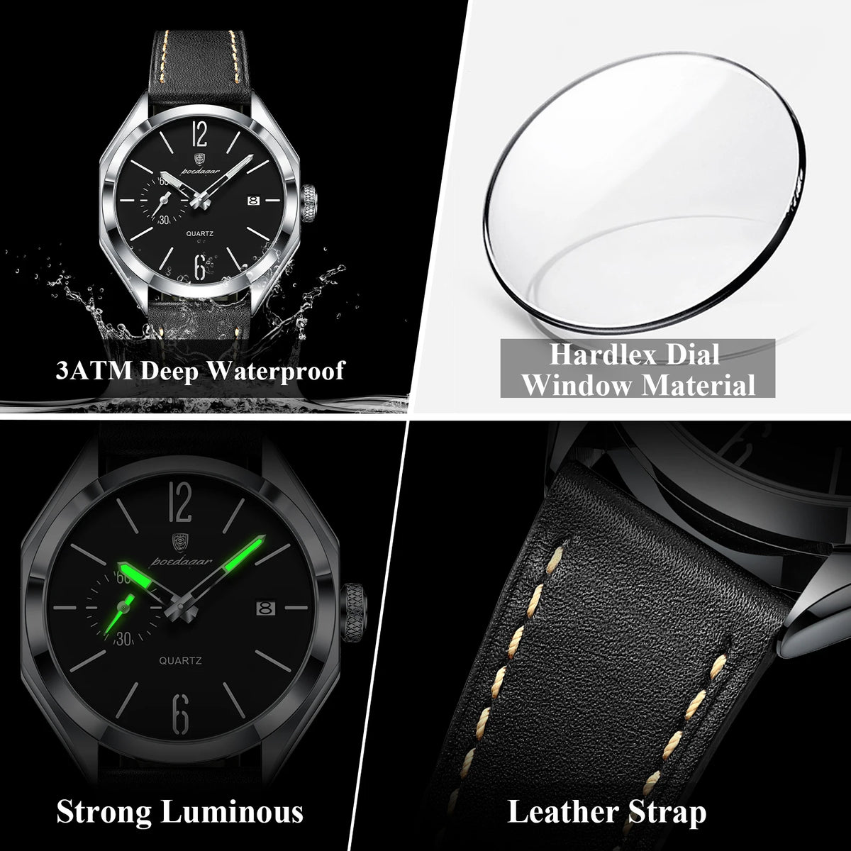 POEDAGAR 689 Men Quartz Watch Luxury Geometric Dial Leather Strap Waterproof Casual Wrist Watch Wholesale
