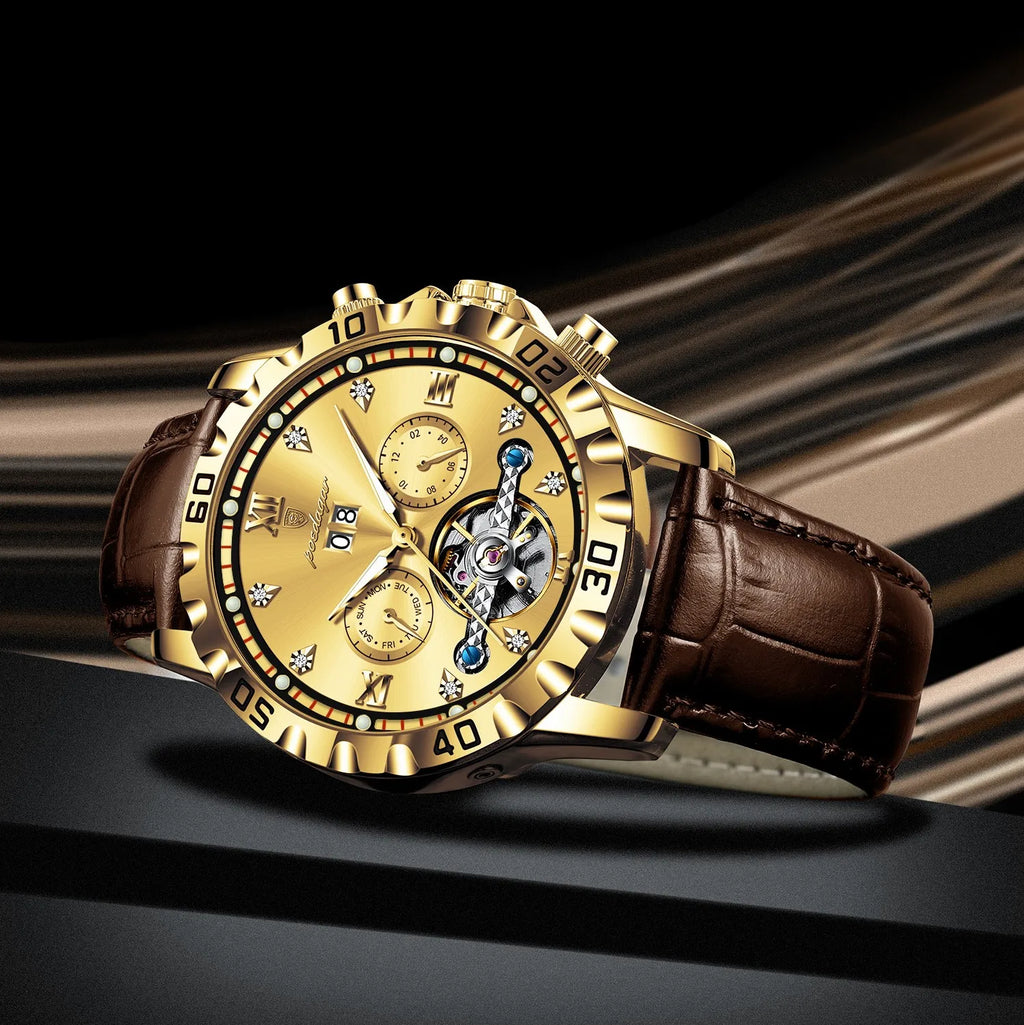 Poedagar 1418 Luxury Automatic Men's Mechanical Watch Gold-Tone Leather Hollow Tourbillon Waterproof Luminous Wristwatch for Men