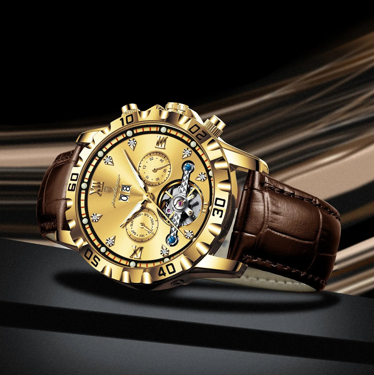 Poedagar 1418 Luxury Automatic Men's Mechanical Watch Gold-Tone Leather Hollow Tourbillon Waterproof Luminous Wristwatch for Men