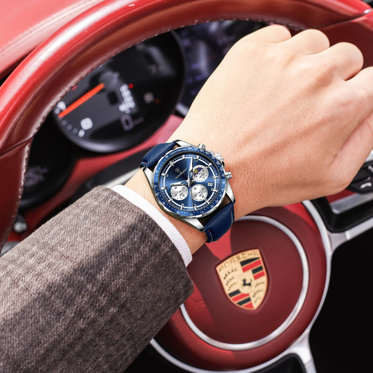 Poedagar 879 Mens Chronograph Watch Genuine Leather Tachymeter Blue Dial Quartz Wristwatch Waterproof Luminous Sport Watches