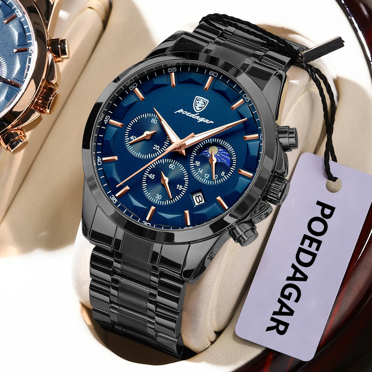 Poedagar 928 High Quality Men Watch Moon Phase Chronograph Stainless Steel Quartz Watch for Men Wholesale Price Ready to Ship