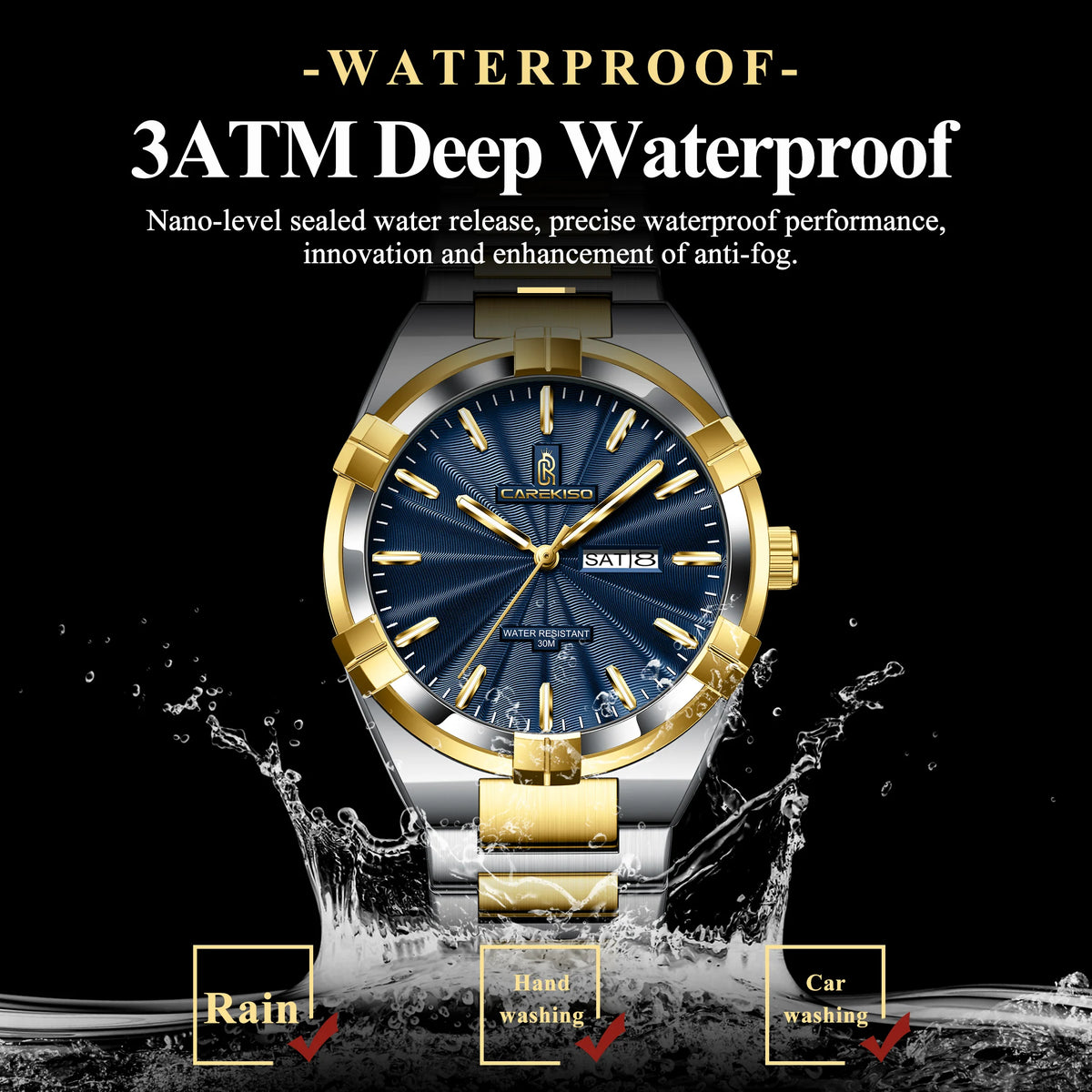 CAREKISO Business Men Date Week Waterproof Luminous Quartz Men Wristwatch Stainless Steel Men's Watches