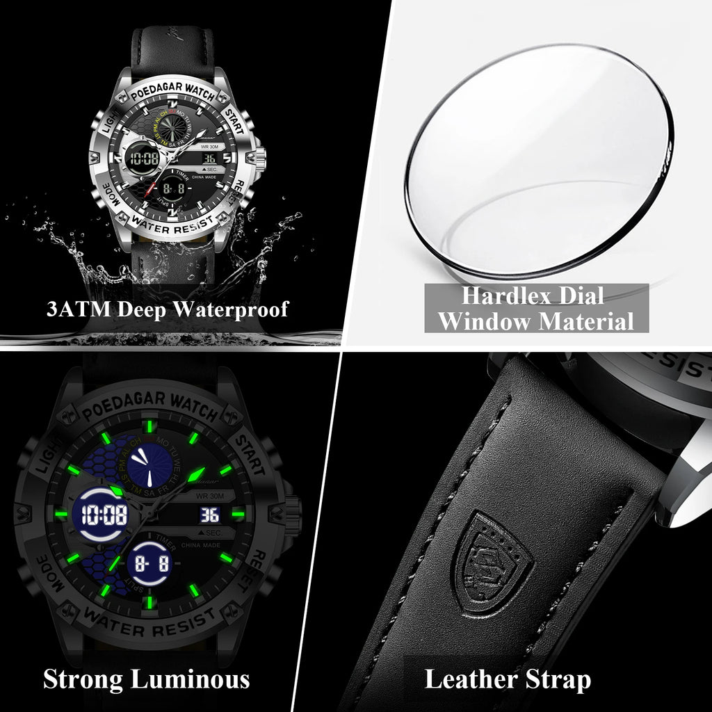 Poedagar E125 Men's Watch Dual Display Digital Analog Quartz Watches Luminous Waterproof Leather Strap Sports Wristwatch for Men