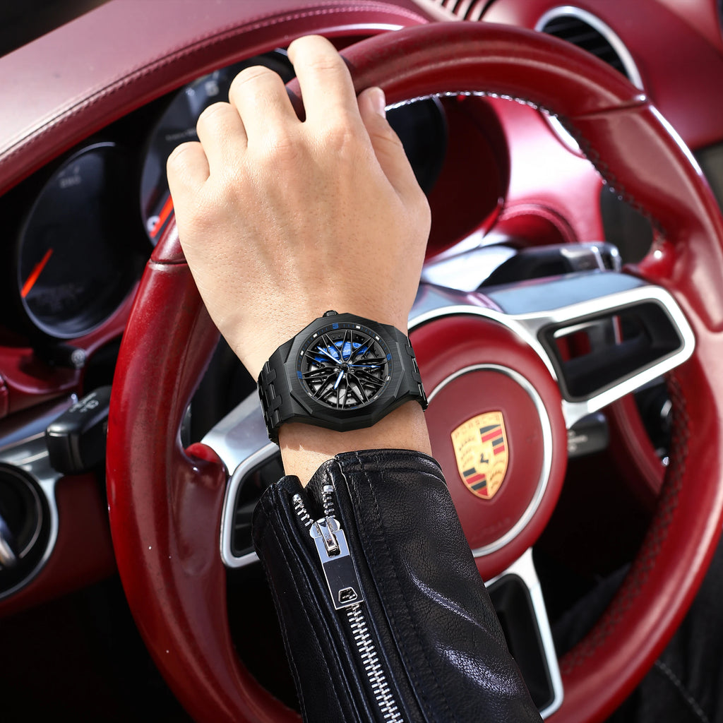 Poedagar 809 Mens Quartz Watches 3D Rotating Wheel Hub Wristwatch Stainless Steel Band Sports Waterproof Watch Relogio Masculino