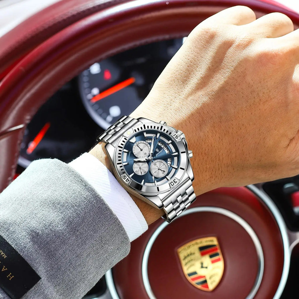 Poedagar 695 Men Quartz Watches Stainless Steel Waterproof Luminous Chronograph Reloj Hombre