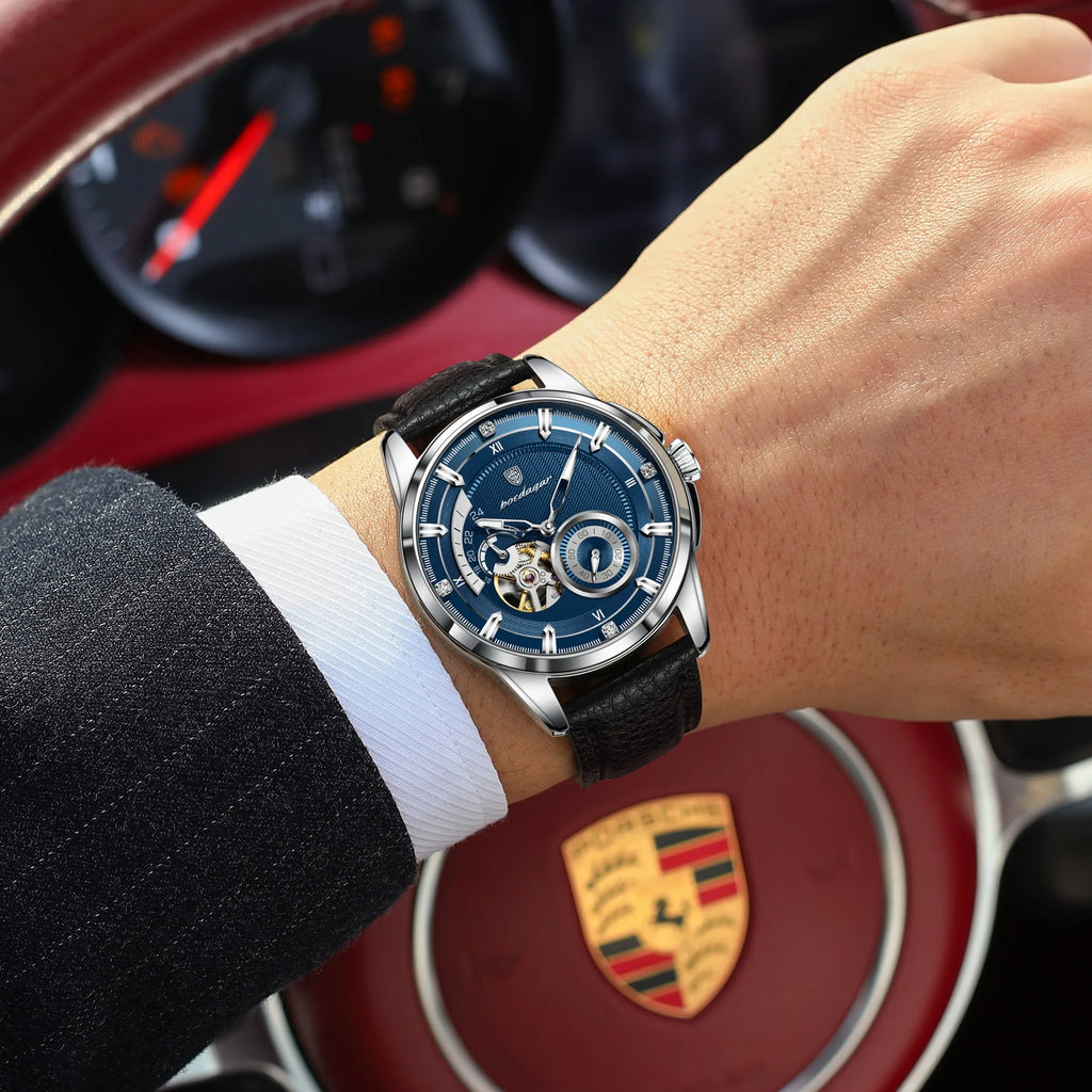 Poedagar 1427 Men Automatic Mechanical Watch Luxury Business Leather Band Luminous 3ATM Daily Waterproof Wristwatch for Men