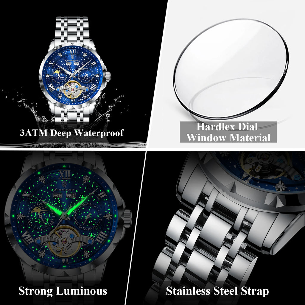 Poedagar 1420 Men's Waterproof Luminous Stainless Steel Strap Alloy Case Automatic Movement Mechanical Watch