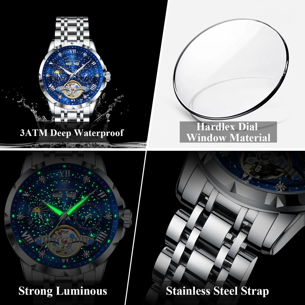 Poedagar 1420 Men's Waterproof Luminous Stainless Steel Strap Alloy Case Automatic Movement Mechanical Watch