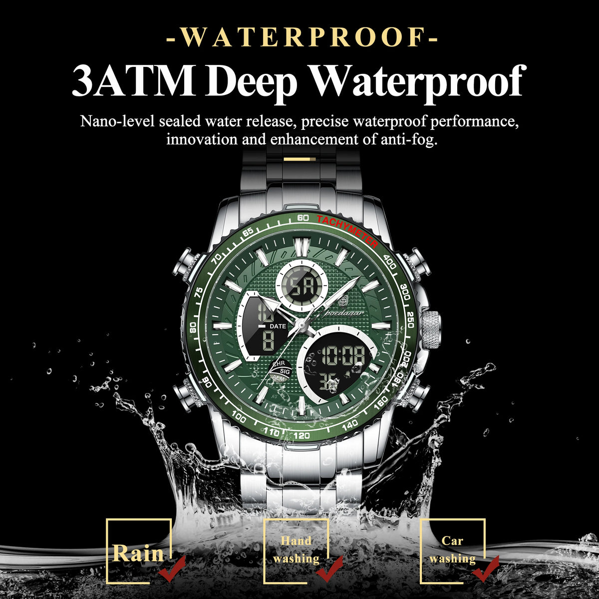 Poedagar E127 Men Watch Dual Display Digital Analog Wristwatch Luminous Waterproof Herrenuhr Sport Stainless Steel Watch for Men