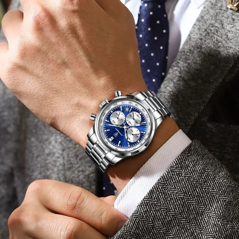 Poedagar 921 Luxury Stainless Steel Men's Watch Waterproof Luminous Chronograph Quartz Watches for Men