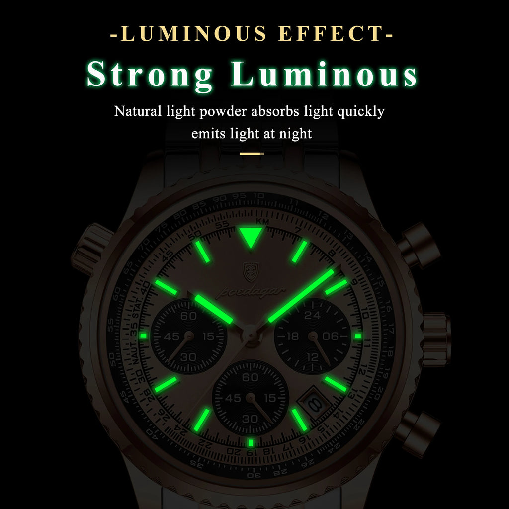 Poedagar 960 Luxury Business Men Watch Chronograph Stainless Steel Quartz Wristwatch Sport Fashion Waterproof Luminous Date