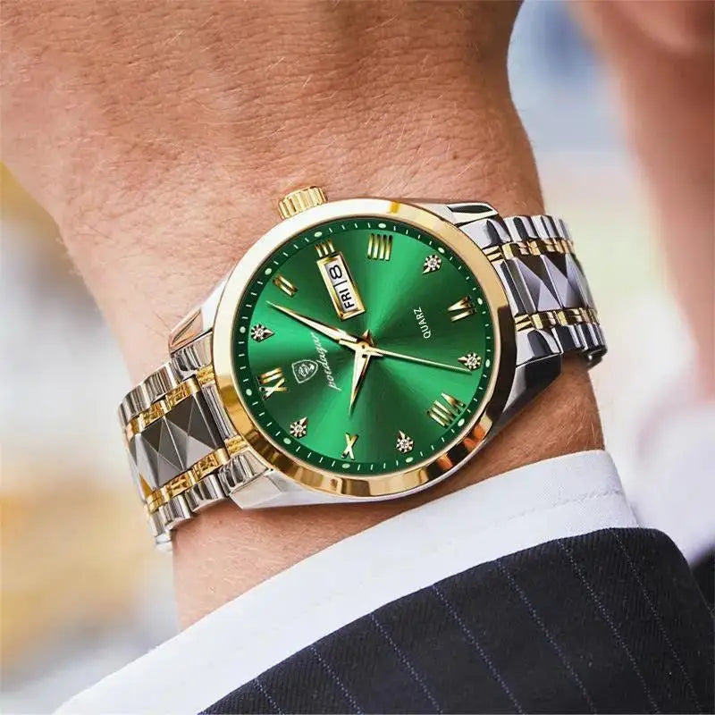 Poedagar Hot Sale Green Dial Men Watch Fashion Stainless Steel Luxury Quartz Watches Luminous Waterproof Watch for Men