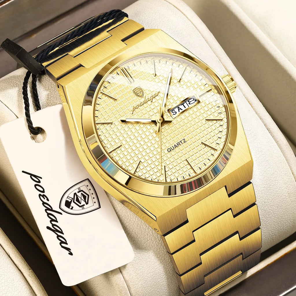 Poedagar 821 Men Watch Business Luxury Grid Dial Reloj Hombre Date Luminous Stainless Steel Quartz Watch for Men Waterproof