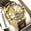 Poedagar 1418 Luxury Automatic Men's Mechanical Watch Gold-Tone Leather Hollow Tourbillon Waterproof Luminous Wristwatch for Men