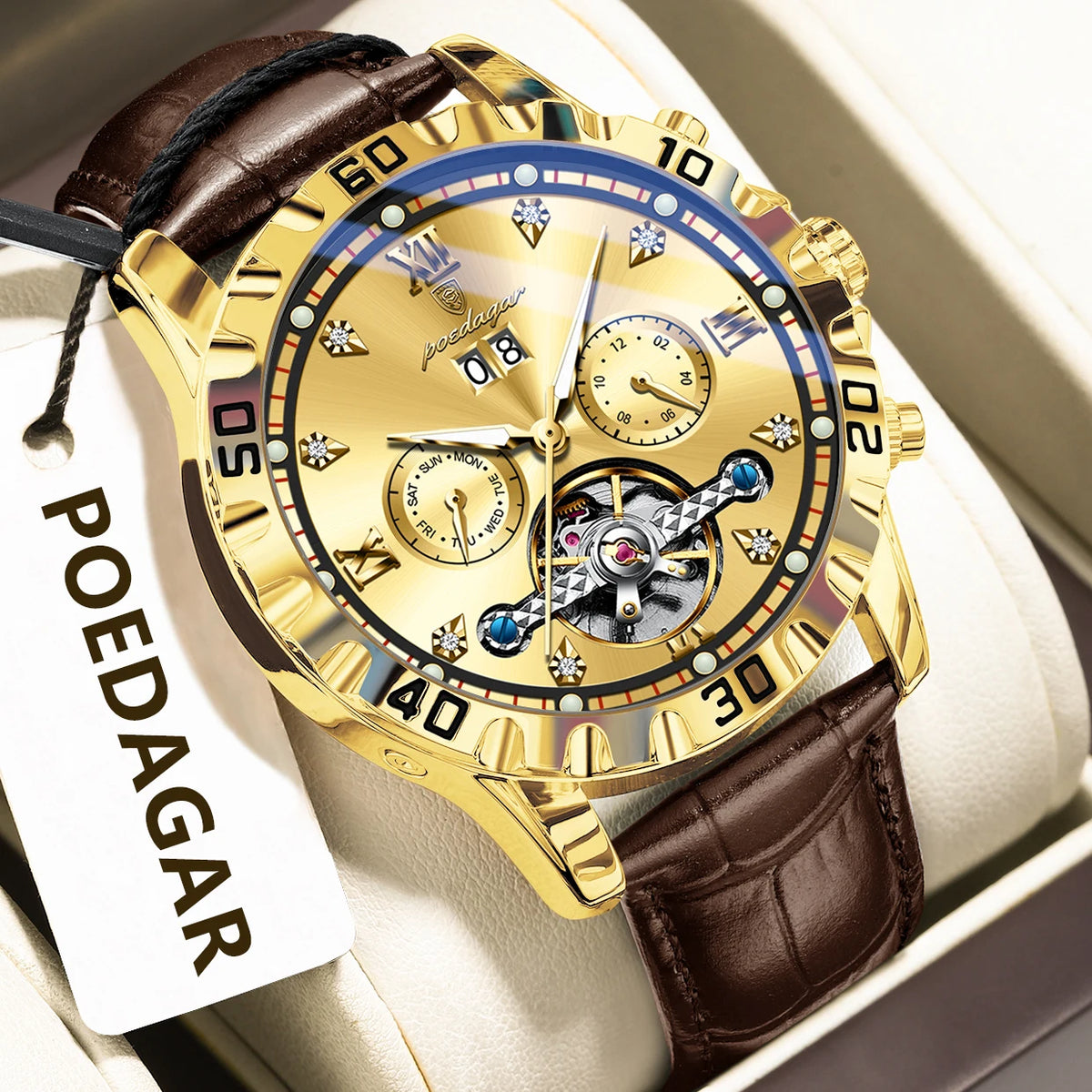 Poedagar 1418 Luxury Automatic Men's Mechanical Watch Gold-Tone Leather Hollow Tourbillon Waterproof Luminous Wristwatch for Men