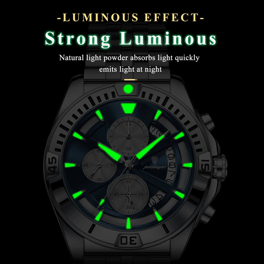 Poedagar 695 Men Quartz Watches Stainless Steel Waterproof Luminous Chronograph Reloj Hombre