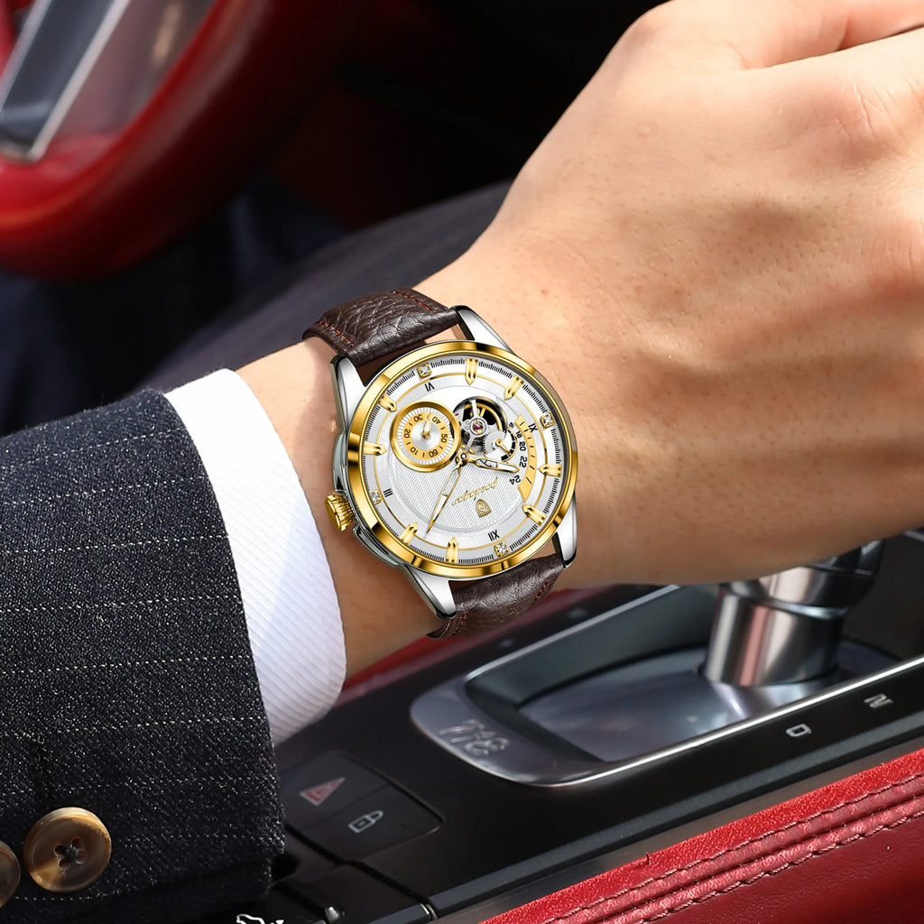 Poedagar 1427 Men's Mechanical Watch Luxury Leather Strap Luminous Reloj Hombre 3ATM Waterproof Automatic Wristwatch for Men