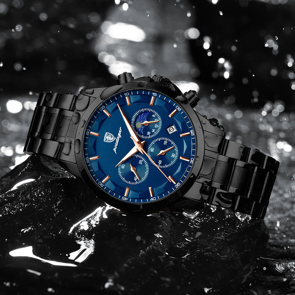 Poedagar 928 High Quality Men Watch Moon Phase Chronograph Stainless Steel Quartz Watch for Men Wholesale Price Ready to Ship