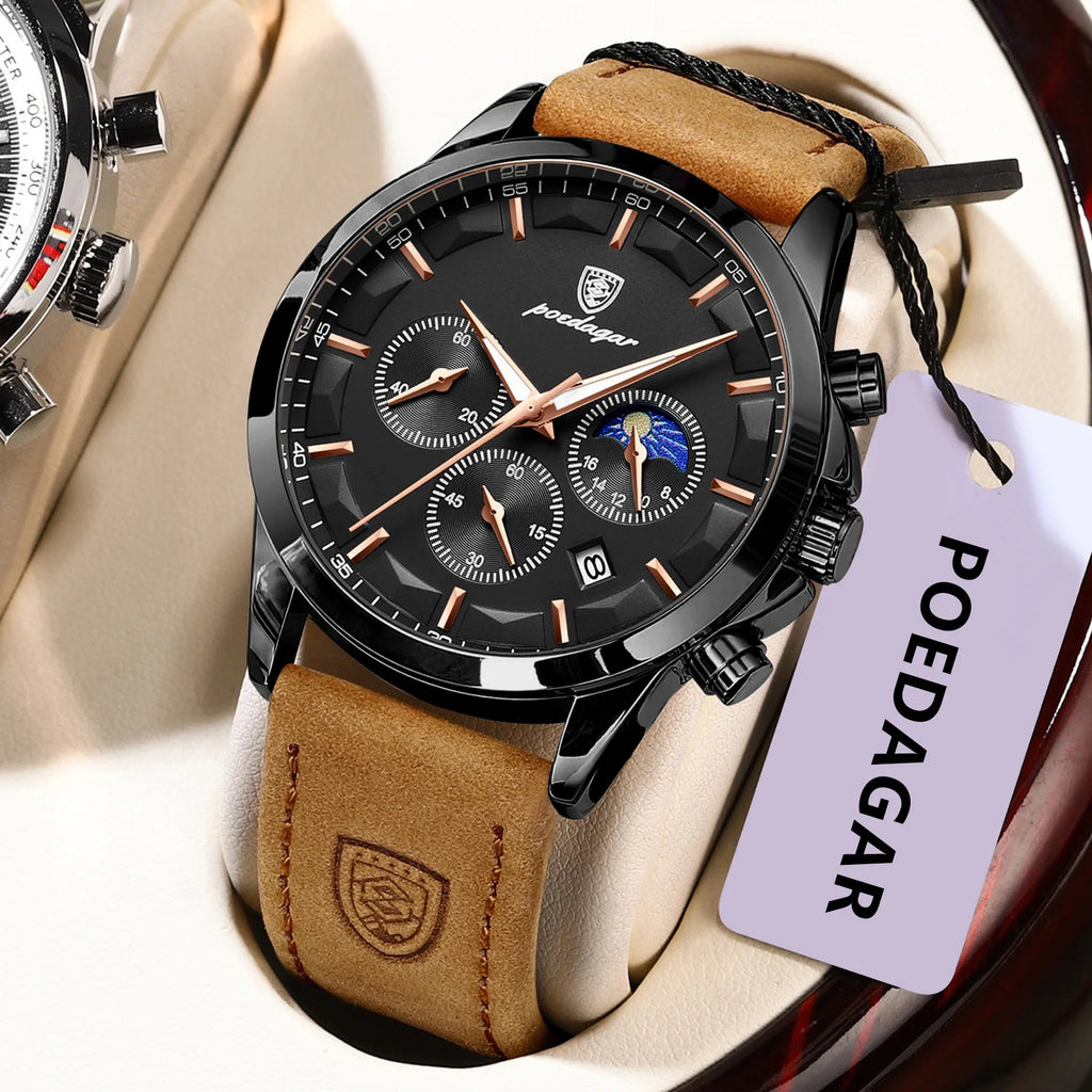 Poedagar 628 Mens Quartz Watch Chronograph Blue Dial Leather Strap Montre Waterproof Luminous Calendar Wrist Watch Sport Watches