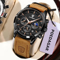 Poedagar 628 Mens Quartz Watch Chronograph Blue Dial Leather Strap Montre Waterproof Luminous Calendar Wrist Watch Sport Watches