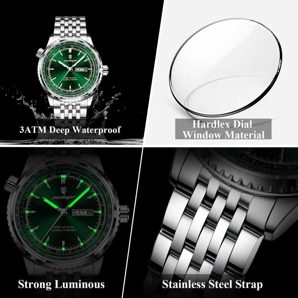 Poedagar 673 Luxury Business Solid Stainless Steel Strap Quartz Watch Waterproof Luminous Double Calendar Watch for Men