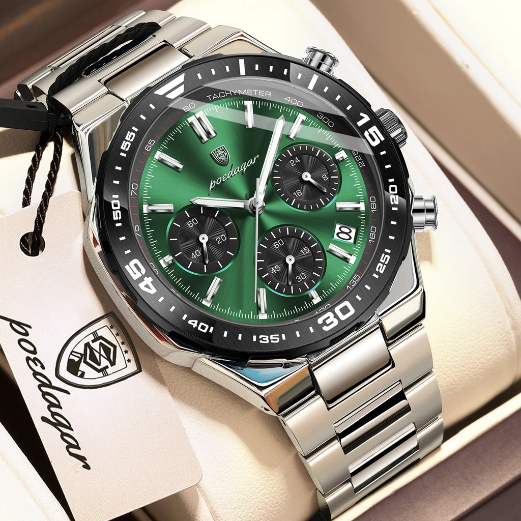 Poedagar 697 Men's Chronograph Watch Luxury Malachite Green Dial Tachymeter Luminous Date Waterproof Original Factory Wholesale