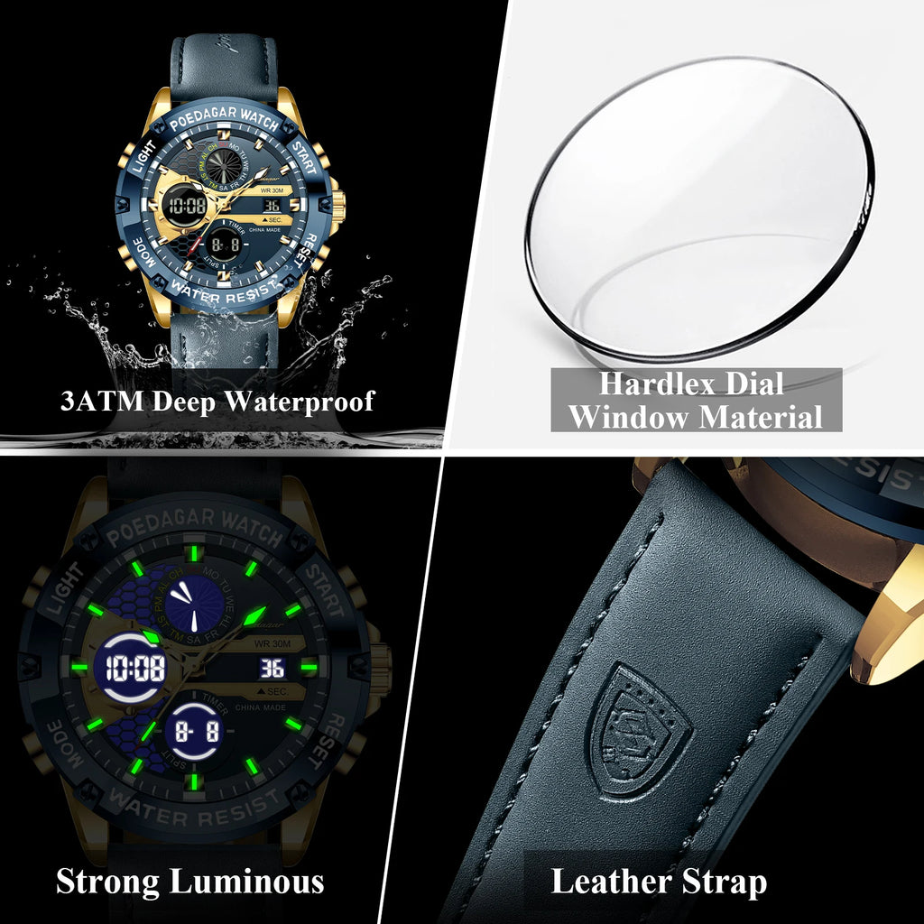 Poedagar E125 Men Dual Display Watch Digital Analog Waterproof Quartz Watch Luminous Leather Strap Sports Wristwatch for Men