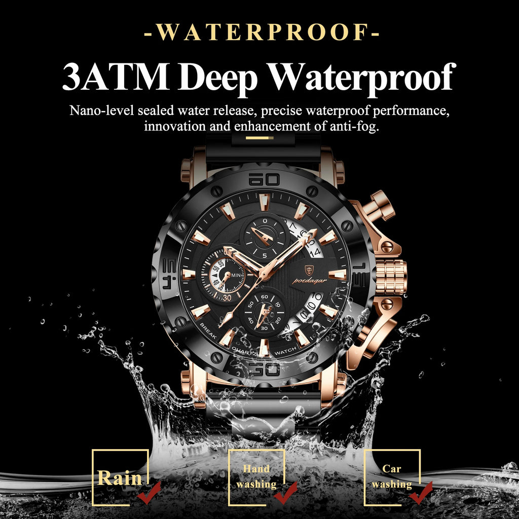 Poedagar Reloj 892 Men Luxury Stainless Steel Bracelet Waterproof Luminous Chronograph Watch