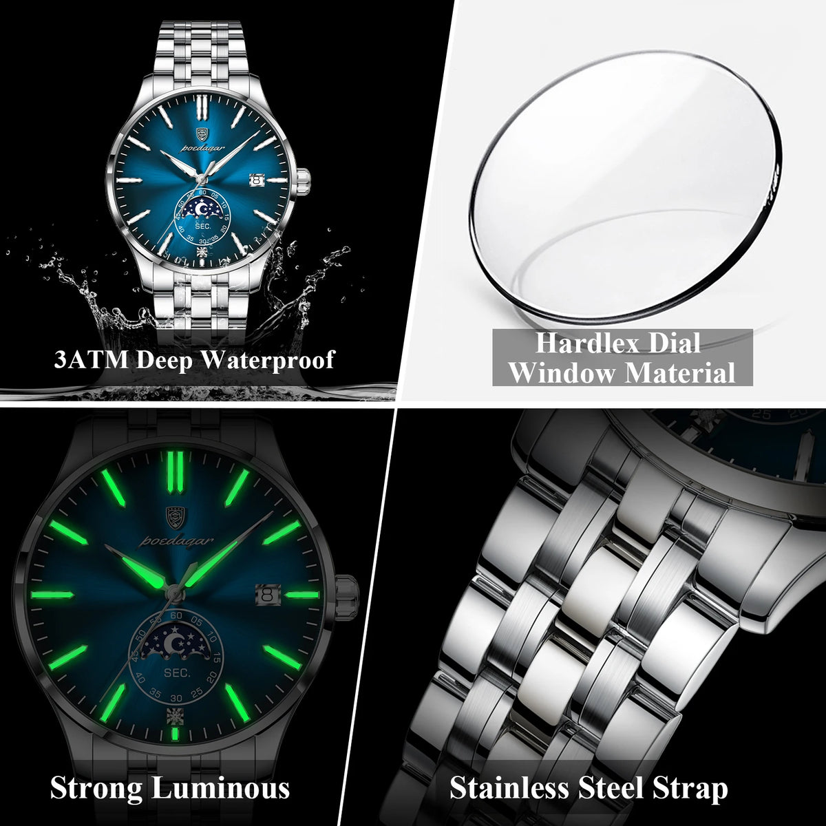 Poedagar 854 Mens Quartz Watch Luxury Stainless Steel Band Moon Phase Date Montre Wristwatch Waterproof Business Watch for Men