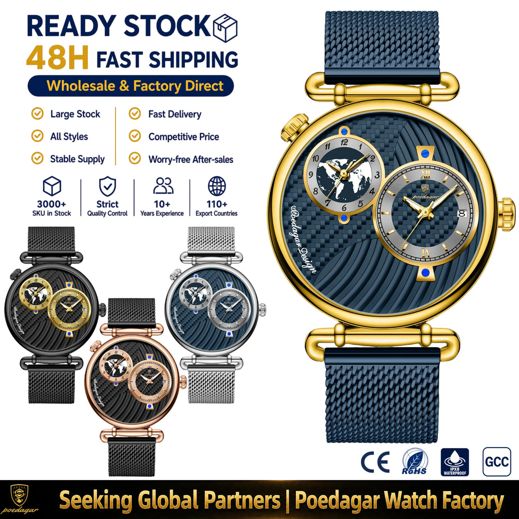Poedagar 848 Men's Quartz Watch Mesh Stainless Steel Strap Luminous Herrenuhr Waterproof Wristwatch for Men Factory Wholesale