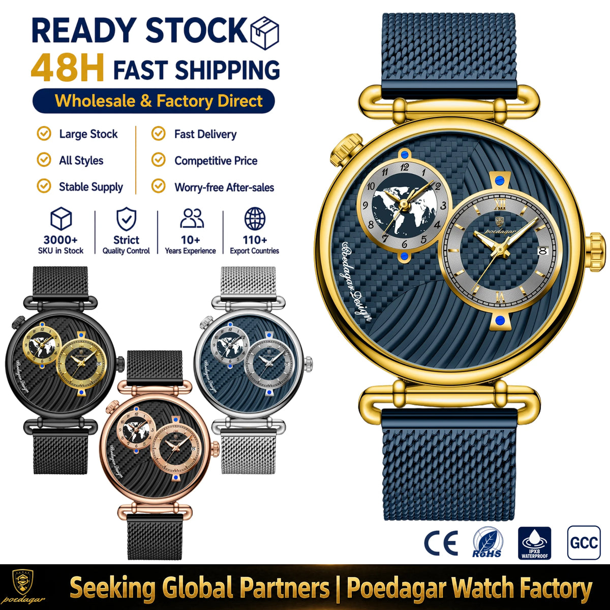 Poedagar 848 Men's Quartz Watch Mesh Stainless Steel Strap Luminous Herrenuhr Waterproof Wristwatch for Men Factory Wholesale