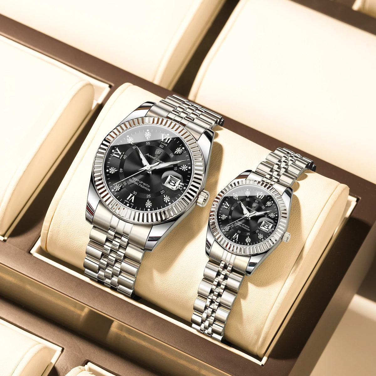 Poedagar Luxury Couple Watch Set for Men and Women Stainless Steel Quartz Calendar Waterproof Wrist Watch