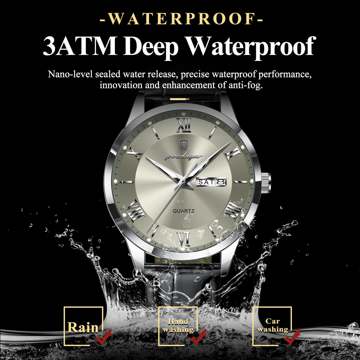Poedagar 978 Luxury Leather Bracelet Quartz Watch for Men Luminous Waterproof Mens Watch