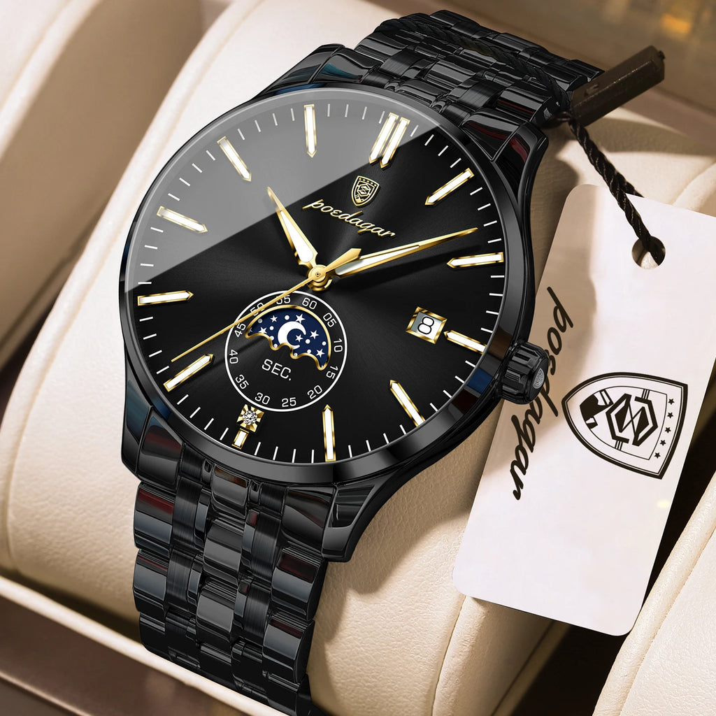 Poedagar 854 Men's Watch Stainless Steel Bracelet Moon Phase Watch Reloj Hombre Calendar Waterproof Business Wristwatch for Men