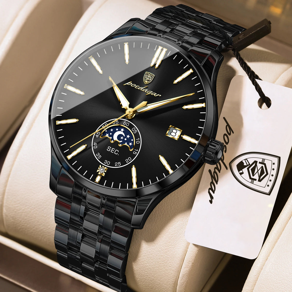Poedagar 854 Men's Watch Stainless Steel Bracelet Moon Phase Watch Reloj Hombre Calendar Waterproof Business Wristwatch for Men