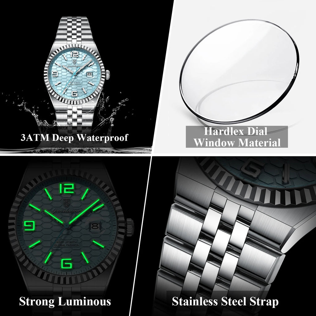 Poedagar High Quality Stainless Steel Quartz Watch Luxury Waterproof Luminous Men's Wristwatch