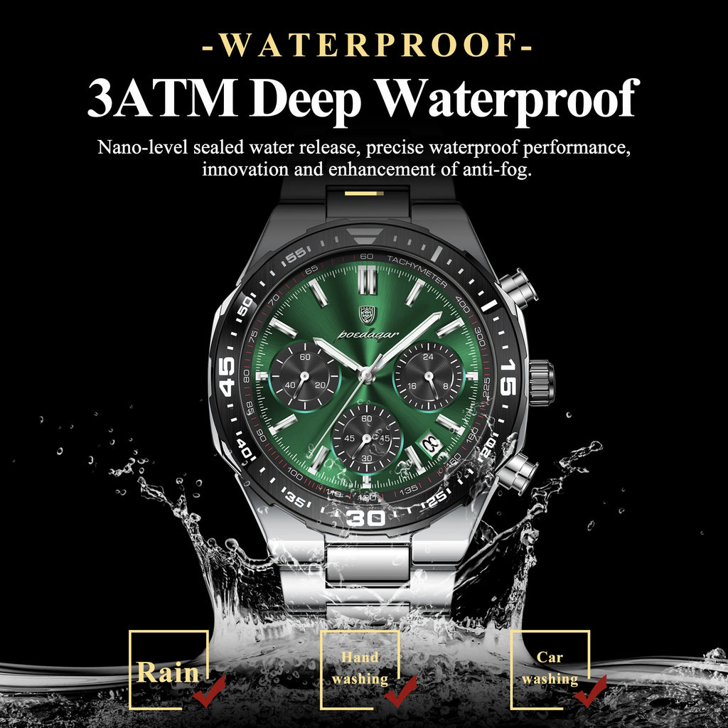 Poedagar 697 Men's Chronograph Watch Luxury Malachite Green Dial Tachymeter Luminous Date Waterproof Original Factory Wholesale