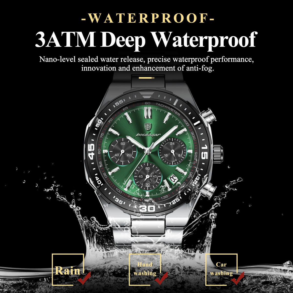 Poedagar 697 Men's Chronograph Watch Luxury Malachite Green Dial Tachymeter Luminous Date Waterproof Original Factory Wholesale