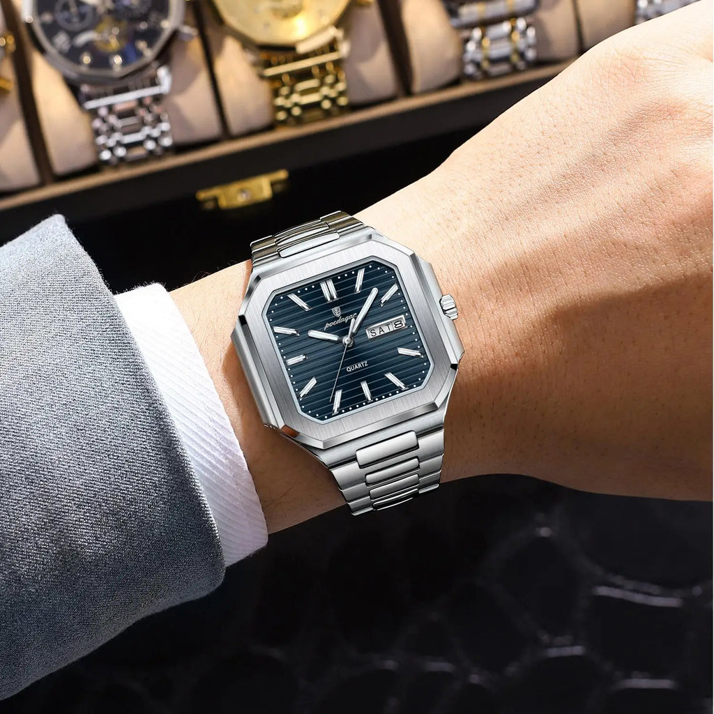 Poedagar 672 New Men's Luxury Stainless Steel Square Quartz Wristwatch Waterproof Luminous Date Display Watch for Men