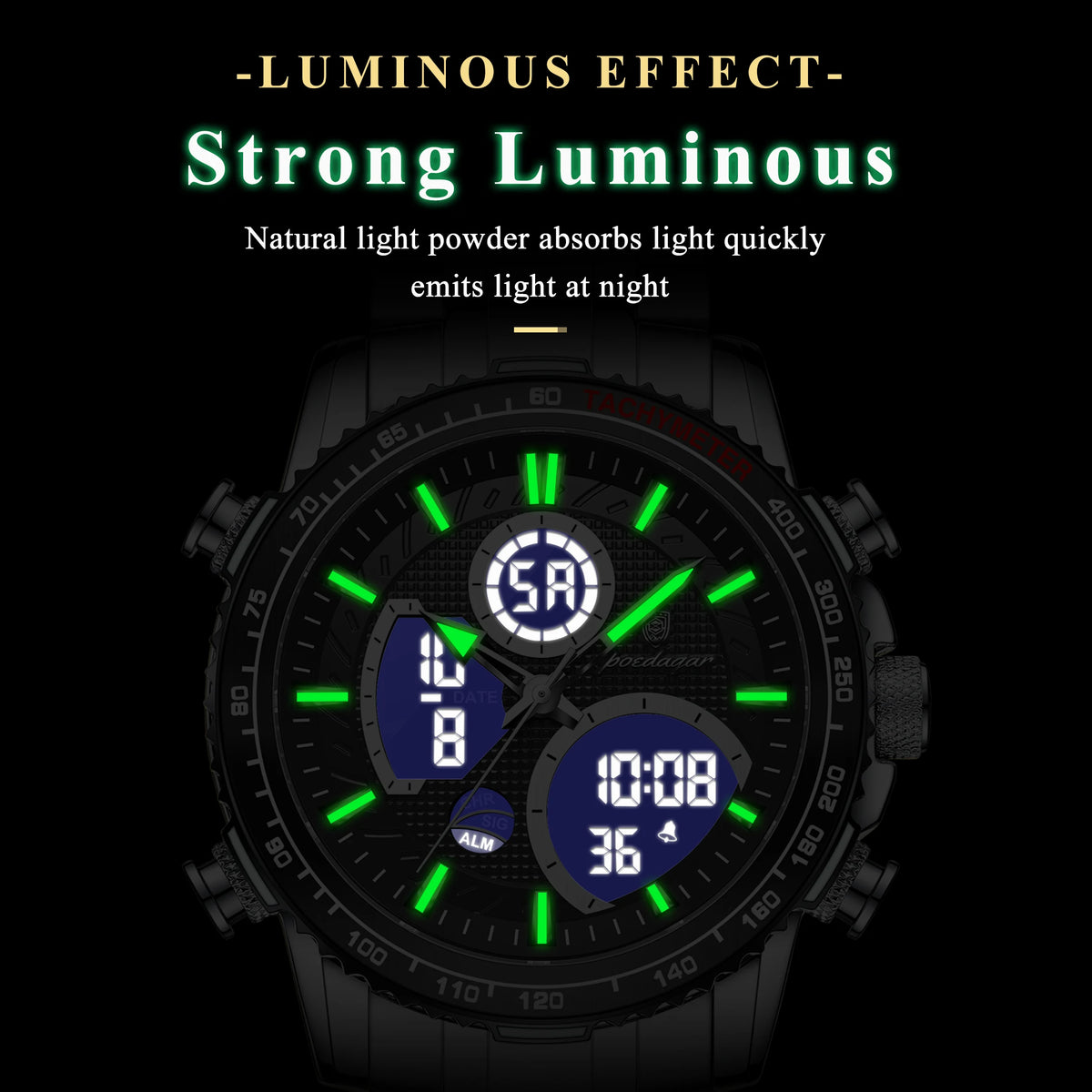 Poedagar E127 Men's Watch Sports Analog-Digital Waterproof Watch Dual Display Luminous Reloj Luxury Stainless Steel Quartz Watch