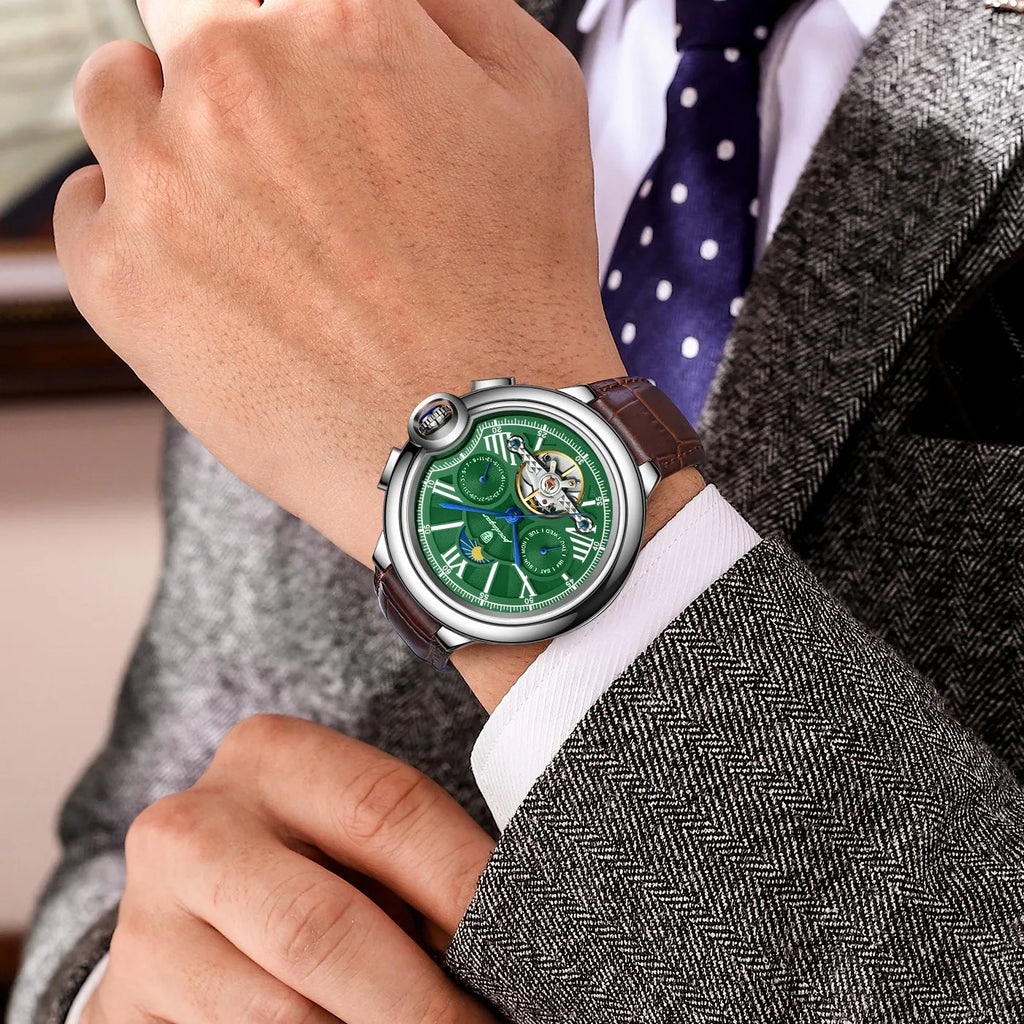 Poedagar 1413 Luxury Men's Automatic Mechanical Watch Hollow Tourbillon Leather Strap Reloj Luminous Waterproof Watch for Men