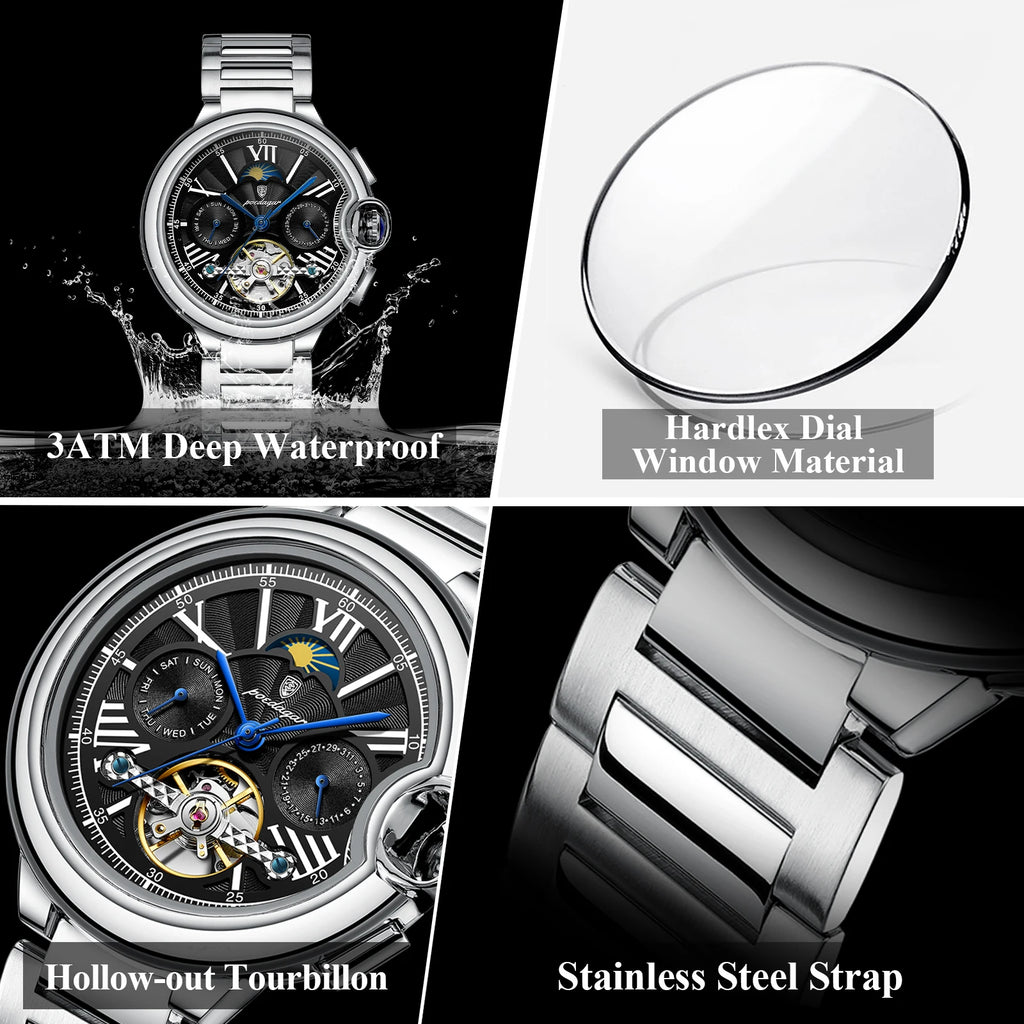 Poedagar 1413 Luxury Automatic Mechanical Watch Waterproof Luminous Wristwatch Stainless Steel Hollow Tourbillon Watch for Men